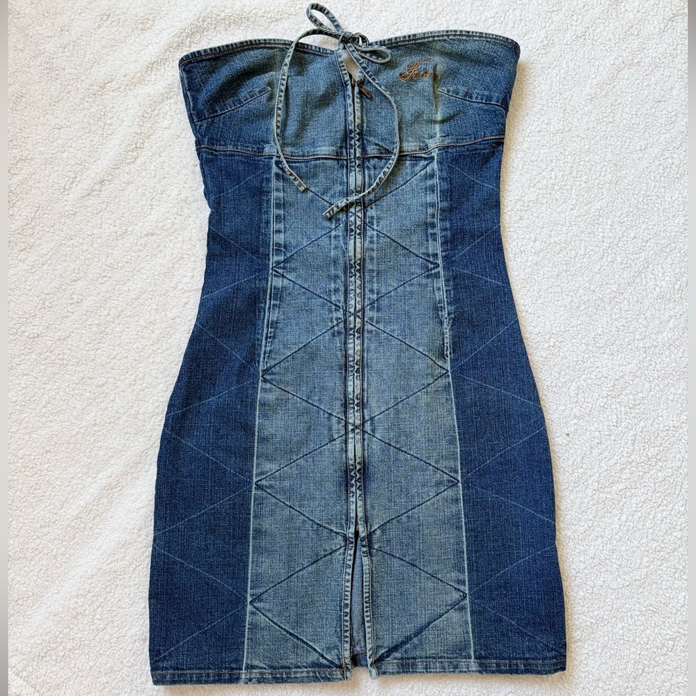Y2k Vintage-Inspired FUBU patchwork denim mini dress strapless bow diamond patte